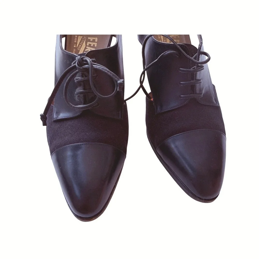 Salvatore Ferragamo Vintage Leather Fabric Lace Up D'Orsay Kitten Heels 7B Italy